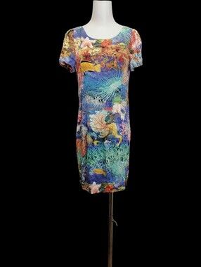 🍭🍭90% Silk, Vibrant Blue Ocean Print Short Sleeve Silk Dress